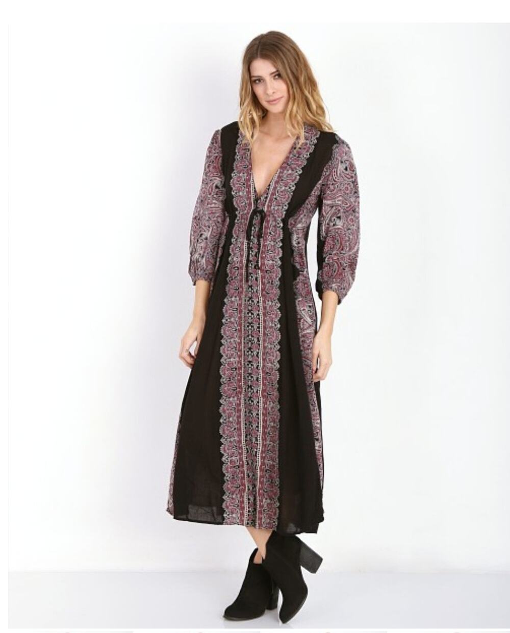 Free People Azalea Paisley Boho Midi Dress Black Mauve Pink Size Small